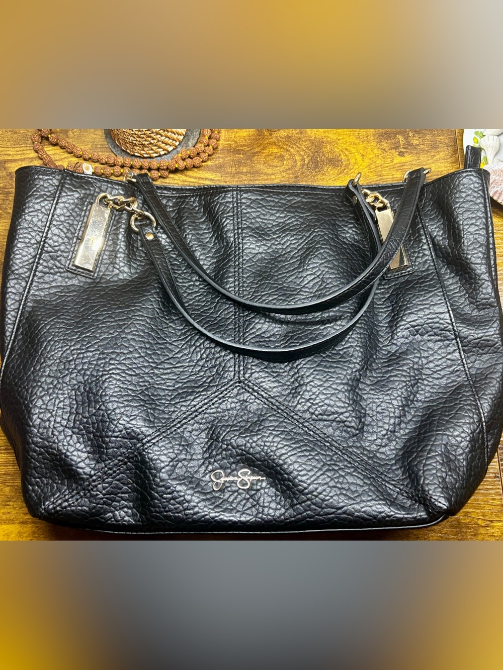 Pre-Loved Classic Black Leather Tote Bag by Jessica Simpson